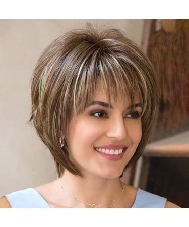Creamily Short Brown Pixie Wigs for Women Pixie Cut Layered Short Brown Wigs Short Hair Wig with Bangs Natural Looking Synthetic Fiber Wigs Brown with Blonde Highlight Color Brown Mixed Blonde Highlight