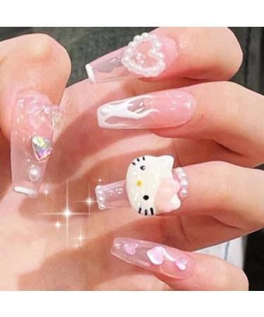 Y2K Coffin Nails Impress Press on Nails Long Pink Kitty Kawaii Fake Nails with Design White Pearl and Kitty 3D Cartoon Glue on Nails Long Ballet Acrylic False Nails for Women 24Pcs with Glue Set by Dreamynini Pink-White-...