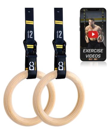 Double Circle Wood Gymnastics Rings with Quick Adjust Numbered Straps and Exercise Videos Guide - Full Body Workout Rings, Calisthenics, Home Gym (Multi-Size) Rings 1.25 Inch