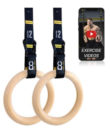 Double Circle Wood Gymnastics Rings with Quick Adjust Numbered Straps and Exercise Videos Guide - Full Body Workout Rings, Calisthenics, Home Gym (Multi-Size) Rings 1.25 Inch - Buy Online on GoSupps.com
