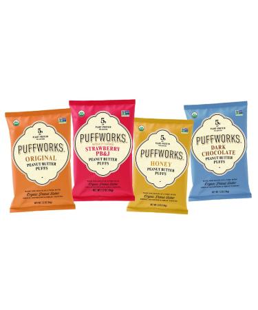 Puffworks Four Flavor Variety Pack Organic Peanut Butter Puffs (Original, PBJ, Dark Chocolate, Honey), Plant-Based Protein Snack, Gluten-Free, Kosher 1.2oz Ounce (Pack of 12)