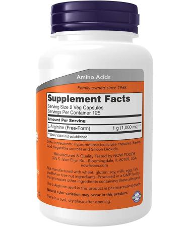 NOW L-arginine 500mg (Freeform) 250Cap 250 count - Buy Online on GoSupps.com