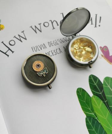 Sunflower Travel Pill Box Organizer - Cute & Portable Vitamin Holder for Purse - Vintage Bronze Metal Daily Medicine Case - Ideal for Travel & Health - Buy Online on GoSupps.com