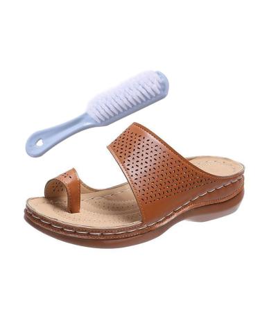 Bunion Correction Sandals Women's Comfy Hollow Wedge Heels Slip-On Bunion Corrector Slippers Open Toe Breathable Casual Travel Shoes for Flat Feet and Plantar Fasciitis Orthopedic 8 Brown