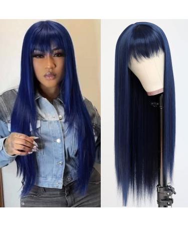QD-Tizer Dark Blue Synthetic Hair Wigs with Full Bangs Blue Long Straight Women's Wig Heat Resistant Synthetic No Lace Wigs for Fashion Women 24 inch