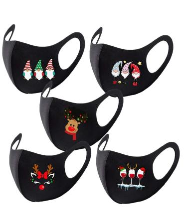 Deholifer 5 pieces cotton mouth protection black washing mouth and nose protection christmas fabric mask adult mouth protection adjustable oral