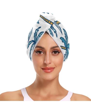 Blue Coconut Palm Spear Hair Towel 2 Pack Super Absorbent Hair Drying Towel Quick Dry Hair Turbans Head Towel with Button Twisty Wrap for Women Girls