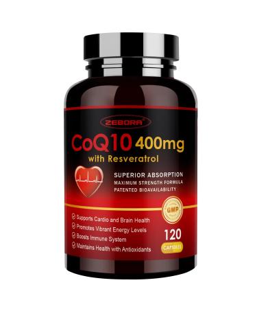 ZEBORA CoQ10-400mg with Trans-Resveratrol PQQ & Vitamin E - High Absorption Coenzyme-Q10 with BioPerine - Powerful Antioxidant for Heart & Energy-Production 120 Veggie Capsules 120 Count (Pack of 1)