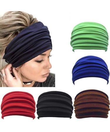 Fashband Turban Headbands Wide Boho Head Wraps Multipurpose Hair Bands Yoga Stretchy Headwear Running Fitness Hippie Elastic Athletic Head Scarfs for Women and Girls Pack of 5 Set B