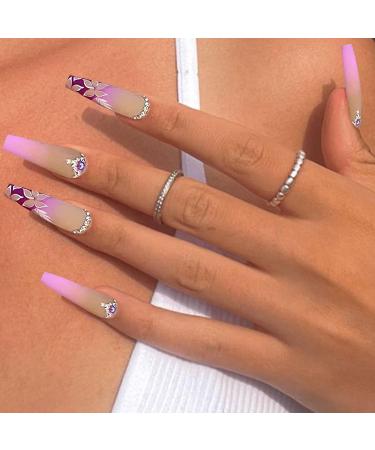 QINGGE Rhinestones Coffin Press on Nails - Pink Flower Design | Long Fake Nails for Women | Matte Stick on Nails - Buy Online on GoSupps.com