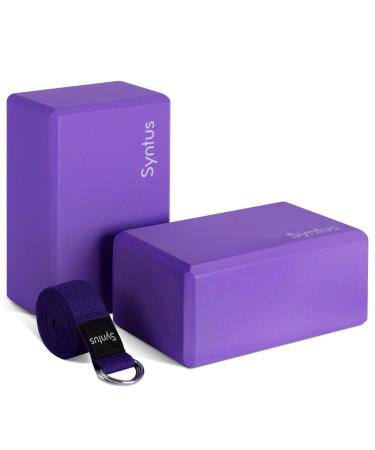 Syntus Yoga Block and Yoga Strap Set, 2 EVA Foam Soft Non-Slip Yoga Blocks 964 inches, 8FT Metal D-Ring Strap for Yoga, General Fitness, Pilates, Stretching and Toning Purple