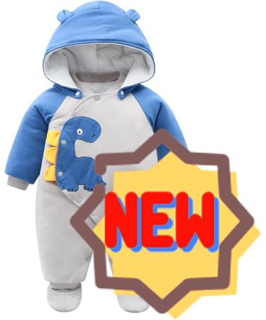 Baby Snowsuit Winter Romper | Cotton Jumpsuit with Detachable Hood | Cartoon Dinosaur Design | 6-9 Months Blue - Buy Online on GoSupps.com