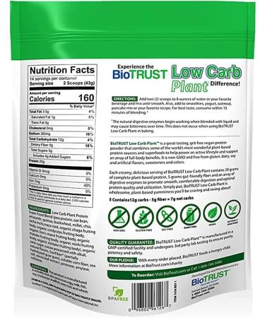BioTrust Low Carb Plant Protein - Delicious Chocolate 20g Complete Vegan Protein 5g Fiber 15 Superfoods Dairy-Free 14 Servings - Buy Online on GoSupps.com
