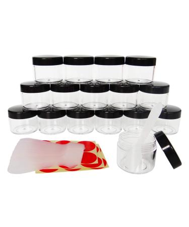 Great Foru 16 pieces 20g/20ml of empty transparent small plastic CREMEDOSE - for cosmetic can lip balm jar nail art jar with black screw lid and 16 pieces mini spatula & label