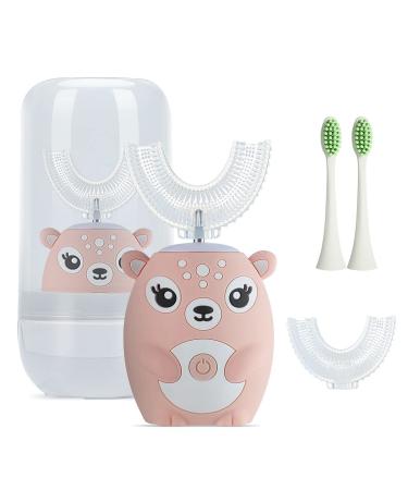 JIANLEJIA Kids Toothbrush Electric U Shaped Ultrasonic Automatic Toothbrush with 4 Brush Heads Six Cleaning Modes Cartoon Modeling Design Special for Birthday Gift (Pink 7-14Y)1 Count(Pack of 1) 7-14 Years (kids) Pink