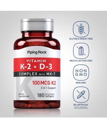 Piping Rock Vitamin K2 D3 Supplement | 100 mcg | 180 Softgels | Complex with MK7 | Non-GMO Gluten Free - Buy Online on GoSupps.com