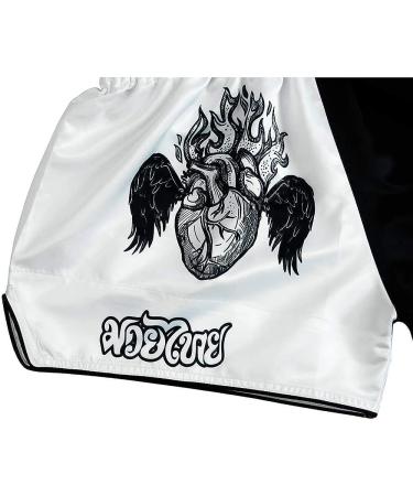 HUOLEI Muay Thai Shorts for Men and Women, High Grade MMA Gym Boxing Kickboxing Shorts - 1 White & Black XS, Waist 22-24 - Buy Online on GoSupps.com