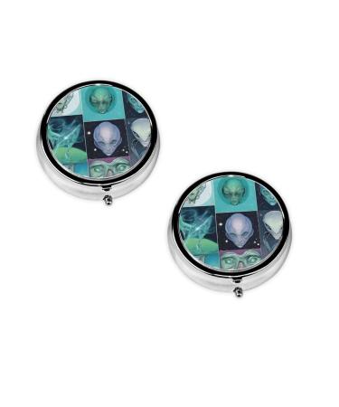 (Green Alien) Round Pill Box 3 Compartment Pill Box Mini Decorative Pocket Purse Portable Travel Medicine Tablet Vitamin Holder Organizer Pill Case