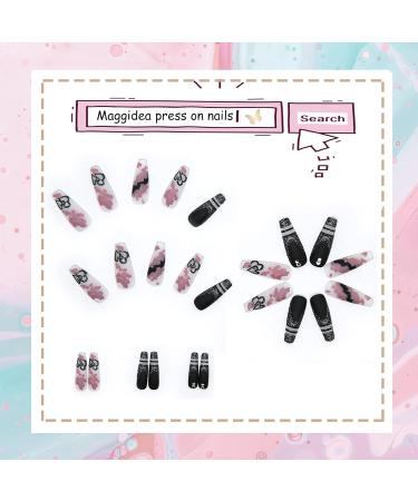 Maggidea False Nails - Long Acrylic Black Stick-on Nails with Butterfly Design for Women | Coffin Ballet French Style Fake Nails for Party - Black Pink Heart - Buy Online on GoSupps.com