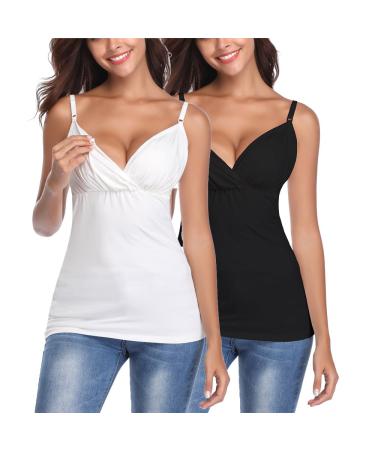 Joweechy Nursing Tank Top V Neckline Breastfeeding Tops Comfy Pregnancy Maternity Clothes S Black/White(2pcs)