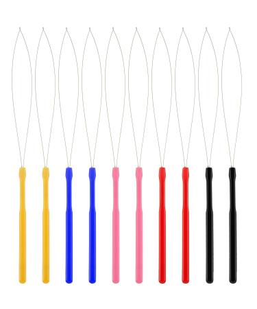 10 Packs Wood Hair Extension Slope Needle Therademaker Zughaken Tools and Pearl Device Tool for Hair or Feather Extensions (multi -colored loop tools)
