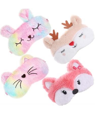 4 Pack Rabbit Sleeping Mask for Girls Soft Plush Blindfold Cute Rabbit Fox Deer Cat Sleep Masks Eye Cover Eyeshade for Kids Teens Women Plane Travel Nap Night Sleeping