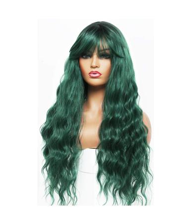 Andria Green Blue Synthetic Wig with Bangs - 26 Inch Long Loose Curly Wave Ombre Green Hair for Women - Buy Online on GoSupps.com