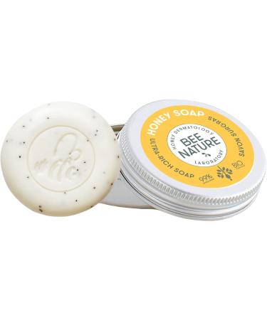 Bee Nature - 2 in 1 Exfoliating Soap with Aluminum Soap Dish - Organic Honey - Ingrown Hairs, Psoriasis - Natural with Poppy Seeds - YUKA 100/100-100g