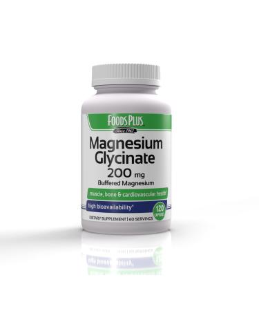 FoodsPlus Magnesium Glycinate 200 mg per Serving Muscle and Cardiovascular Health Buffered Magnesium Health and Nutrient Metabolism High Bioavailability 60 Servings