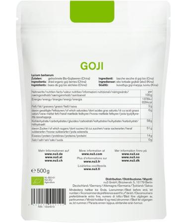nu3 Organic Gluten-Free Goji Berries 500g - Buy Online on GoSupps.com