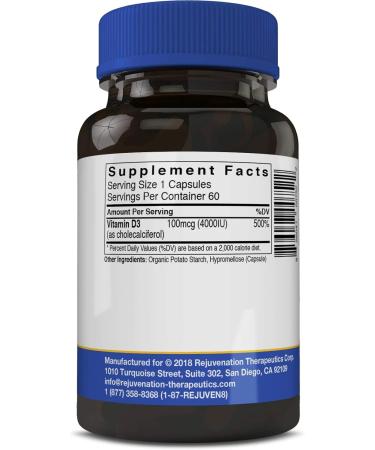 Rejuvenation Therapeutics Vitamin D3 4000IU Capsules - Promotes Bone Health (60 Count) - Buy Online on GoSupps.com