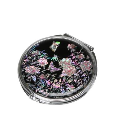 Mother of Pearl Art Deco Peony Flower Butterfly Design Double Compact Pocket Magnifying Cosmetic Makeup Round Hand Mirror