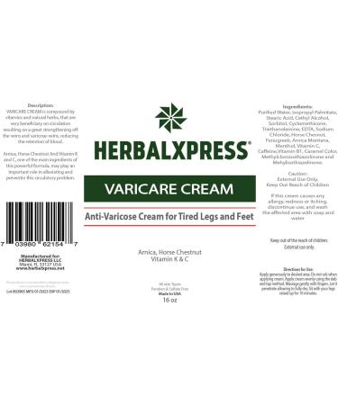 Herbalxpress Varicare Varicose Veins Cream 16 oz - Soothes Tired Legs & Feet - Buy Online on GoSupps.com