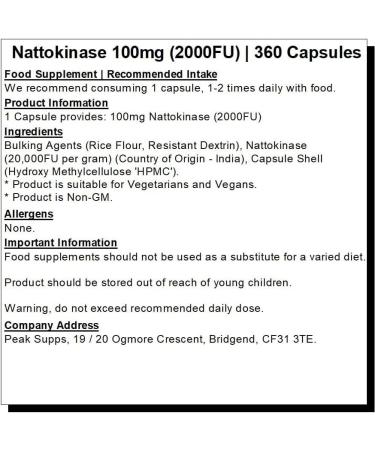 Nattokinase 100mg (2000FU) - 360 Capsules - Natto - Vegan 360 count (Pack of 1) - Buy Online on GoSupps.com