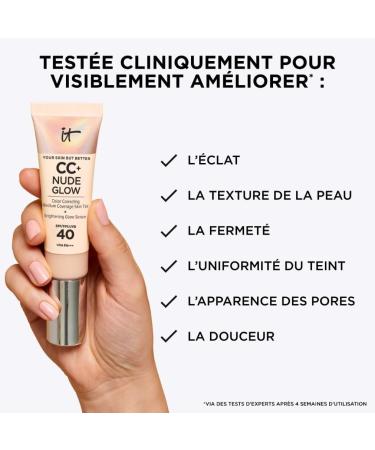 IT Cosmetics Cr me CC+ Nude Glow Your Skin But Better Couvrance Moyenne SPF40 Enrichi en Peptides Collag ne & Vitamines Fini Naturel & Lumineux 32 ml Medium - Buy Online on GoSupps.com