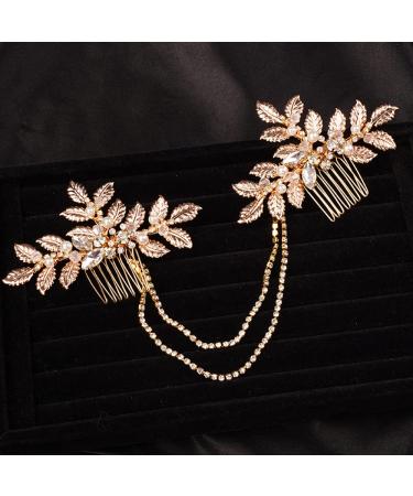 Teyglen Dainty Bridal Gold Leaf Hair Comb Headband Handmade Crystals Pearl Hair Pieces for Bride Rhinestone Headpieces Hair Accessories Pearl Side Hair Combs for Women Girls