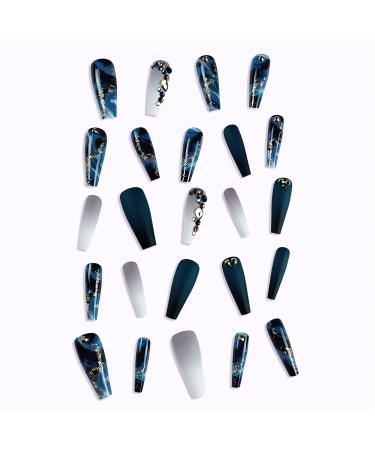 Navy Blue False Nails with Glitter and Rhinestones - 24Pcs Matte & Glossy Coffin Fake Nails for Women - Buy Online on GoSupps.com
