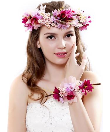Ever Fairy Women Girl Flower Wreath Crown Floral Garland Headband Wrist Band Set for Wedding Purple - Buy Online on GoSupps.com