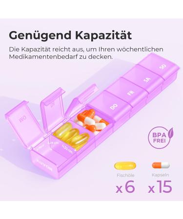 Auvon 7-Day Pill Organizer Box | BPA-Free Portable Medication Case | Improved Open Design for Vitamins & Fish Oil - E-Violet - Buy Online on GoSupps.com