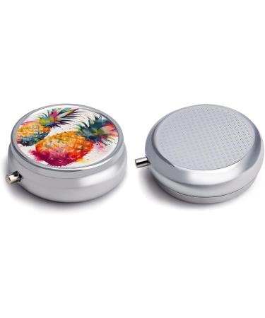 Round Pill Box - Tropical Fruit Watercolor Pineapple Print | 3 Compartment Portable Pill Organizer | Decorative Metal Medicine Case - Buy Online on GoSupps.com