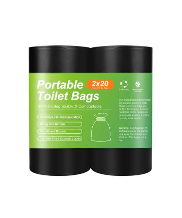 FQFMO Portable Toilet Bags, 8 Gallon Compostable Trash Bags- Use with 5 Gallon Bucket Toilet, Extra Strong Biodegradable Poop Bags for Camping Boating Car Bathroom (Black Opaque, 2 Roll/40Count) Black40