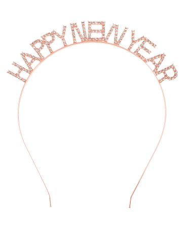 minkissy HAPPY NEW YEAR Headband 2024 Crystal Christmas Eve Headpieces Rhinestone Holiday Party Tiara Hair Accessory for Women Girls Rose Gold