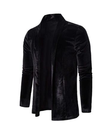 Mens Pure Color Gold Velvet Trench Coat Cardigan Long Sleeve Outwear Jacket Tops XX-Large Black