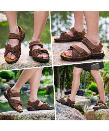 Ziitop Men's Leather Sandals - Slip-Resistant Outdoor Beach & Trekking Shoes - Adjustable Velcro - Size 46 EU - Dark Brown - Buy Online on GoSupps.com