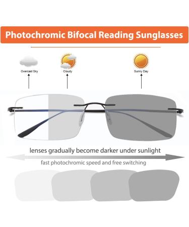 Photochromic Bifocal Reading Glasses | Anti-Blue Light Rimless Transition Sunglasses for Men & Women - Black 2.0x - Buy Online on GoSupps.com
