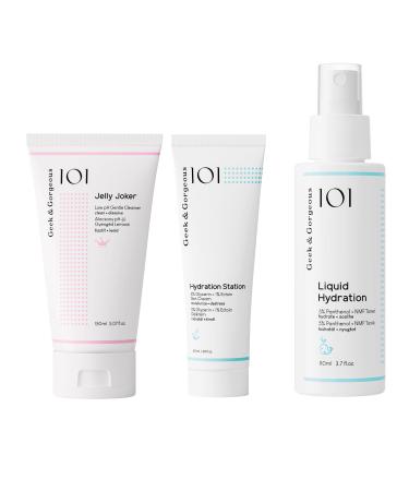 Geek & Gorgeous Summer Skin Rescue Kit Jelly Joker Cleanser Liquid Hydration Toner Mist & Hydration Station Gel Cream Ultimate Cleanse & Moisture Trio for Healthy Glowing Summer Skin