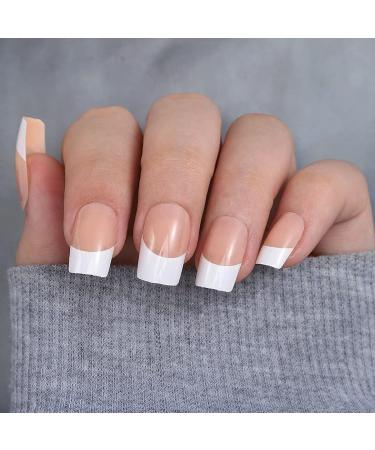 Brinote Square False Nails Nude Medium Length French Fake Nails - 24Pcs Full Cover Acrylic Press on Nails for Women and Girls - Buy Online on GoSupps.com