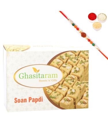 Ghasitaram Gifts Rakhi Gifts for Brothers Rakhi Sweets - Ghasitaram's Soan Papdi (200 GMS) with Rudraksh Rakhi