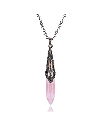 Jovivi Natural Rose Quartz Healing Crystal Pointed Pendulum Necklace Flower Wrapped Facted Gemstone Reiki Pendant Pendulum for Divination Wicca Balancing Necklace-Rose Quartz Crystal