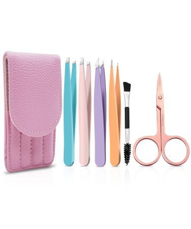 Tweezers Set-6 Pieces Professional Stainless Steel Tweezers with Leather Case for Women and Men Slanted and Pointed for Eyebrows Facial Hair Ingrown Hair and Blackheads Removal Colorful